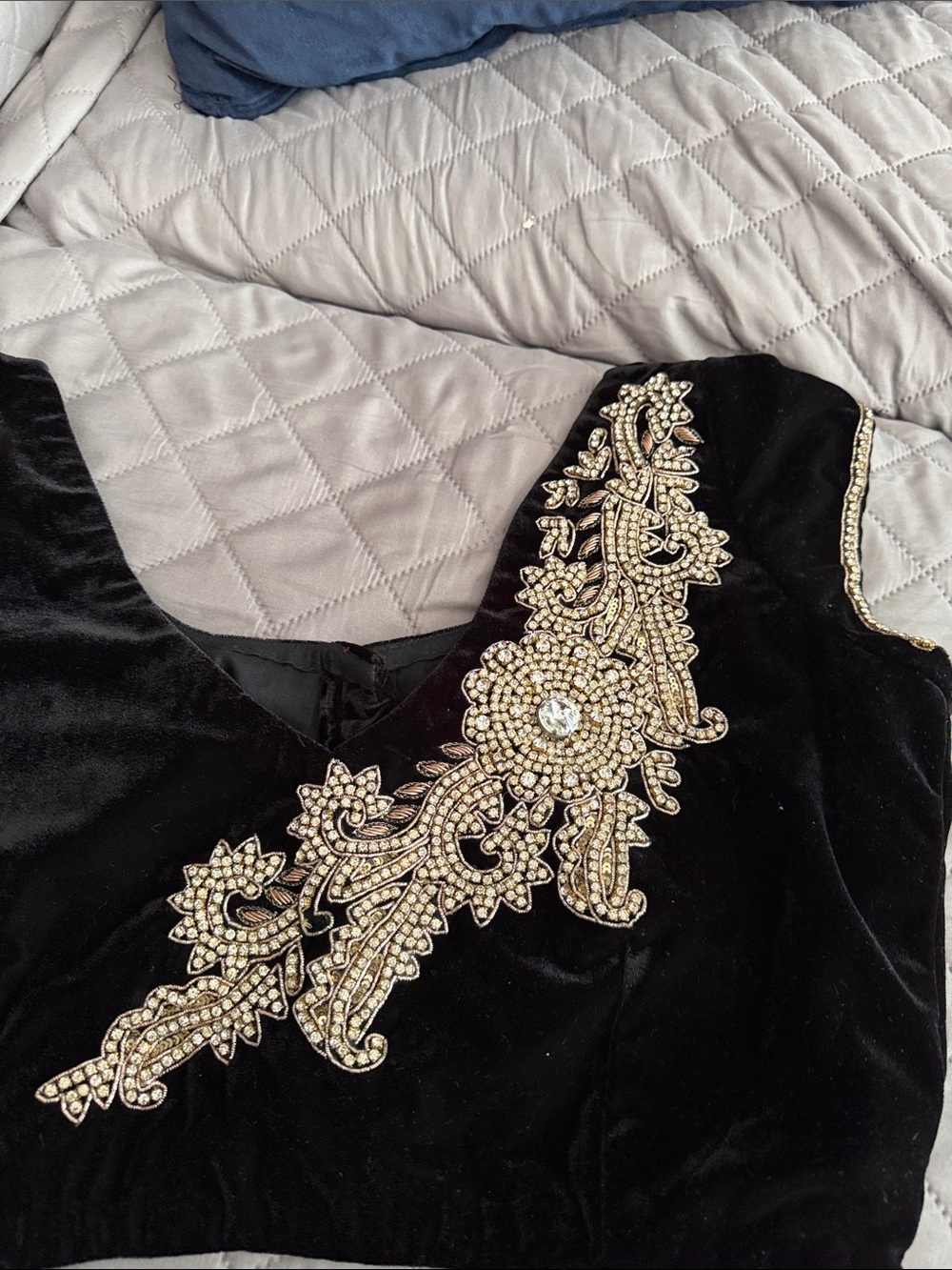 Black Velvet Cropped Top with Beaded Trim - Picture 5 of 11
